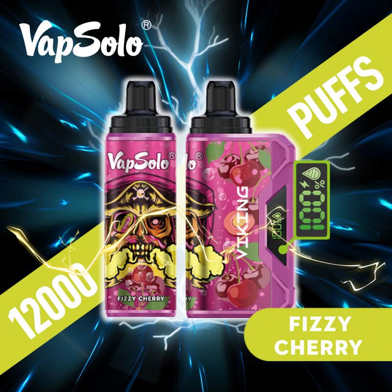 To Vapsolo Viking 12000 Puffs-enheder med smagen "Fizzy Cherry" på en dynamisk, lynlignende baggrund.