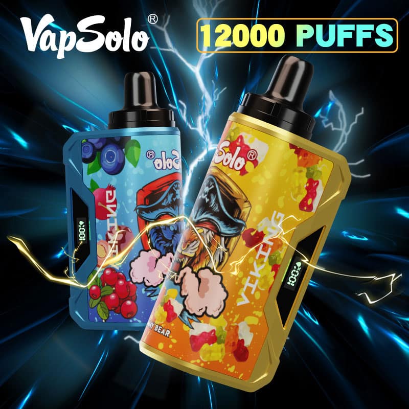 To Vapsolo Viking 12000 Puffs-enheder i blå og gul, præsenteret på en futuristisk, energisk baggrund.