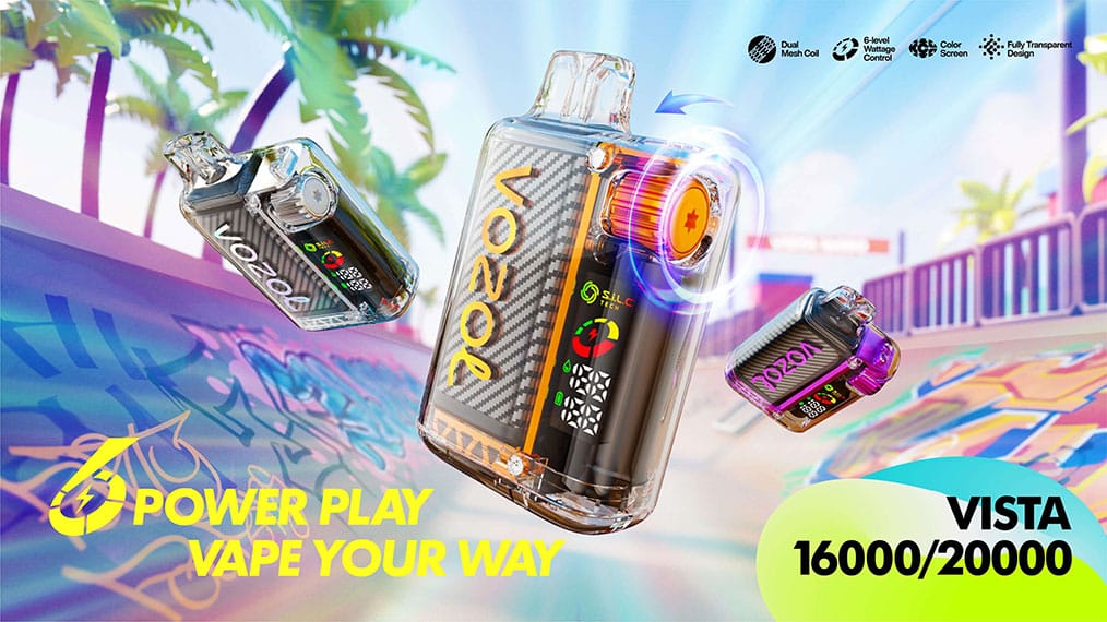 Vozol Vista 20000 Puffs jednorazowy vape w akcji z podświetlanym wyświetlaczem OLED.