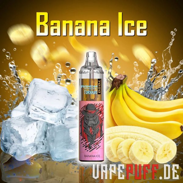 Banana Ice maitse Randm Tornado 7000'st, milles on küpsed banaanid ja jahedad jääkuubikud koos veepiiskadega, mis annavad külma esteetika.