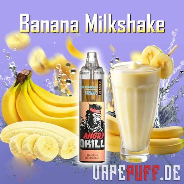 Randm Tornado 7000 nauditav Banana Milkshake maitse, milles on küpsed banaanid ja kreemjas piimakokteili illustratsioon koos erksate pritsmetega.