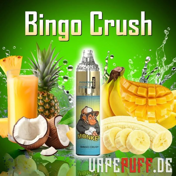 Bingo Crush maitse Randm Tornado 7000 seeriast, millel on troopilised puuviljad nagu ananass, kookos, banaan ja mango elava rohelise taustaga.