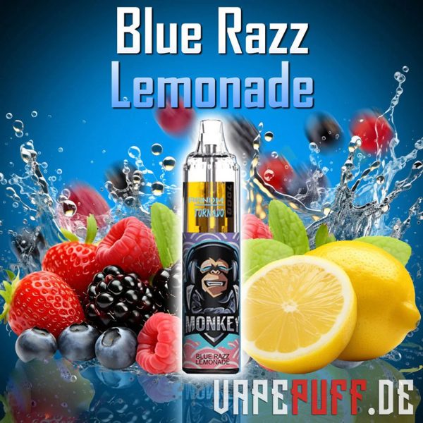 Blue Razz Lemonade vape maitse Randm Tornado 7000, mis sisaldab siniseid vaarikaid, segatud marju ja värskeid sidruneid värskendavas väljapanekus.