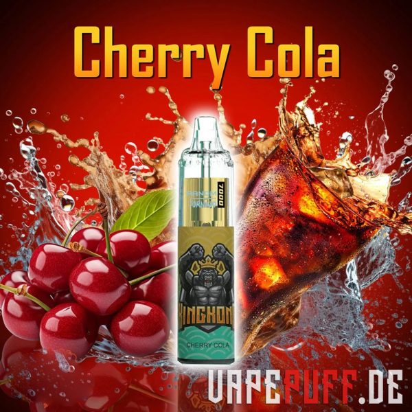 Randm Tornado 7000 kihisev Cherry Cola vape-maitse, mis sisaldab mahlaseid kirsse ja priske koolat koos vahuveini efektidega.