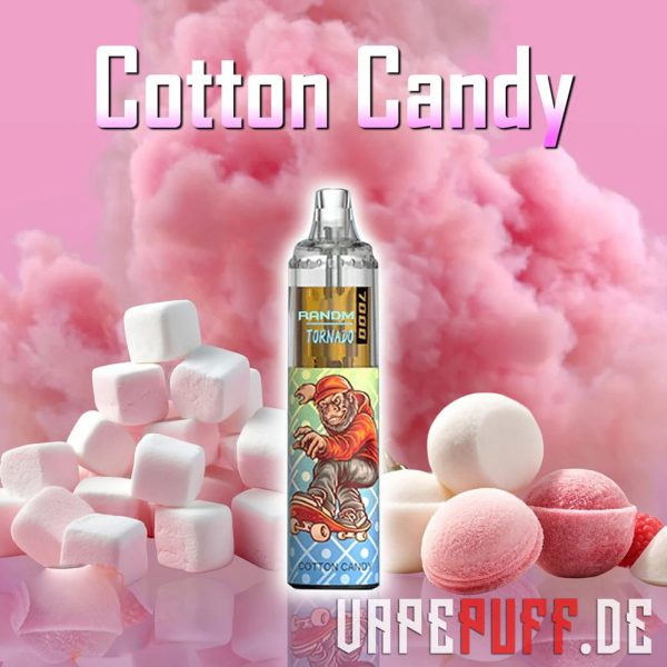 Randm Tornado 7000 pehmet Cotton Candy maitsega vape, mille roosad pilved on suhkruvilla ja magusate vahukommidega.