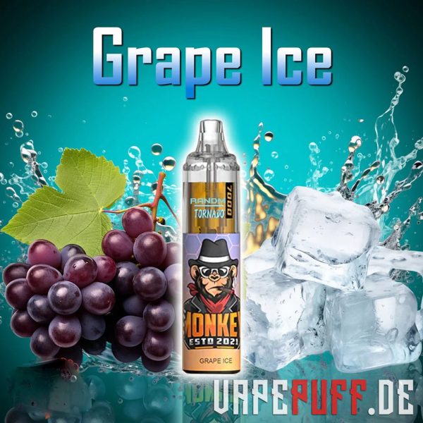 Randm Tornado 7000 jäätunud Grape Ice maitse vape, milles on mahlakad viinamarjad ja jäised kuubikud värskendavas sinakas-rohelises esteetikas.