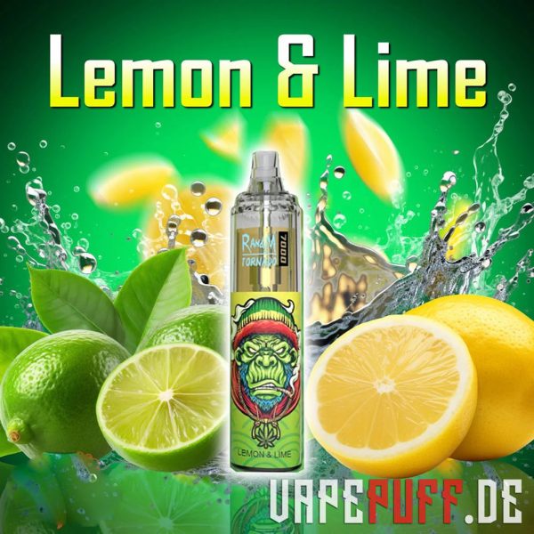 Zesty Lemon & Lime vape flavour by Randm Tornado 7000, mis sisaldab värskeid sidruneid ja laimi koos elava rohelise ja kollase värviga.