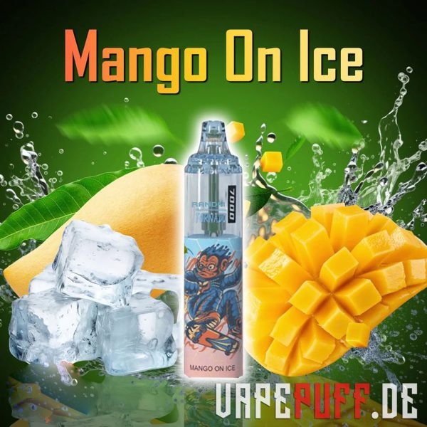 Tropical Mango On Ice vape flavour by Randm Tornado 7000, mis kujutab värskeid mangosid ja jäiseid kuubikuid lopsaka rohelise taustaga.