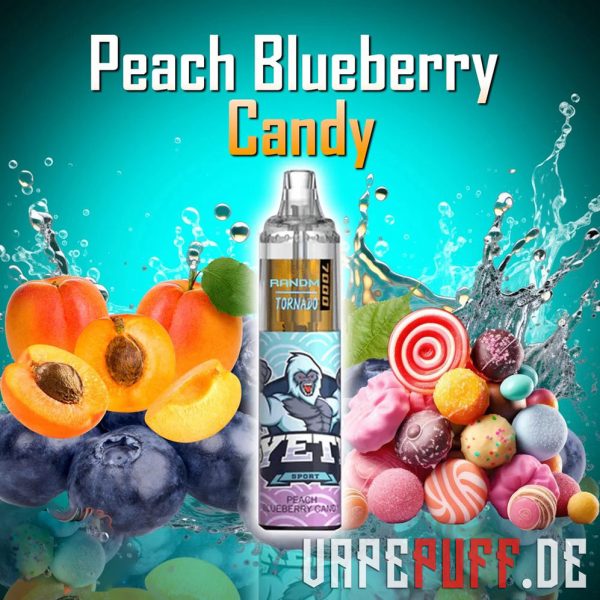 Sweet Peach Blueberry Candy vape flavour by Randm Tornado 7000, mis sisaldab virsikuid, mustikaid ja värvilisi kommielemente.