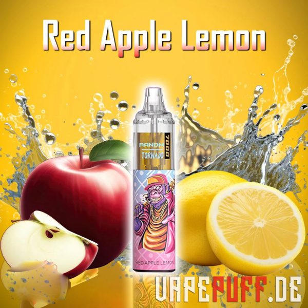 Zesty Red Apple Lemon vape flavour by Randm Tornado 7000, milles on punased õunad ja sidrunid koos kollase ja punase värviga.